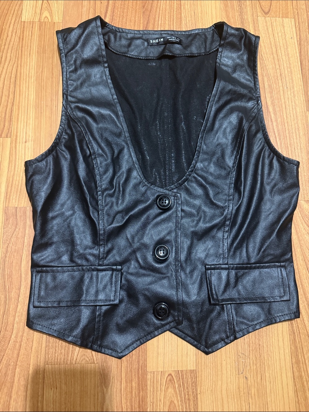 SHEIN Black Faux Leather Button-Front Vest